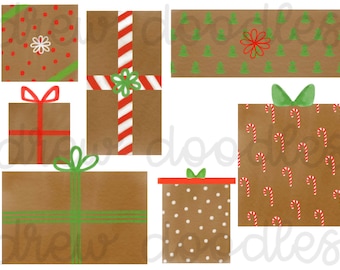 Watercolor Kraft Paper Christmas Presents Digital Clip Art Set- Instant Download