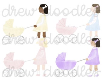 Watercolor Baby Girl and Baby Carriage Digital Clip Art Set- Instant Download