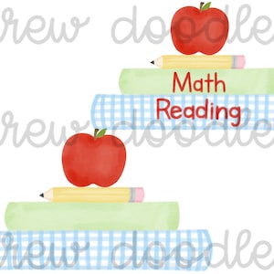 Conjunto de clipart digital de livros escolares para meninos em aquarela azul guingão e verde - download instantâneo