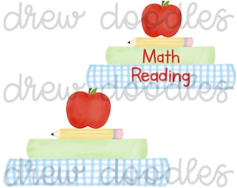 Watercolor Blue Gingham and Green Boys School Books Digital Clip Art Set- Instant Download