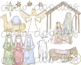Watercolor Nativity Digital Clip Art Set- Instant Download