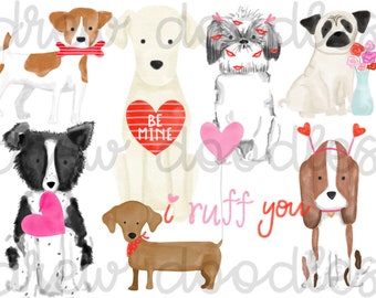 Watercolor Valentine&#39;s Day Dogs Digital Clip Art Set- Instant Download