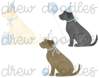 Watercolor Blue Birthday Labrador Lab Dogs Digital Clip Art Set- Instant Download