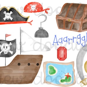 May include: A watercolour illustration set of pirate themed clipart. The set includes a pirate hat, a treasure chest, a ship, a hook, a sword, a treasure map, a red jewel, and a gold coin. The text "Aarrggghh" is written in blue.