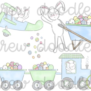May include: A set of Easter-themed illustrations featuring a bunny in a blue airplane, a bunny pushing a wheelbarrow full of colorful eggs, and a bunny driving a train with two cars full of eggs.