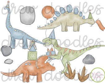 Watercolor Birthday Party Dinosaurs Digital Clip Art Set- Instant Download