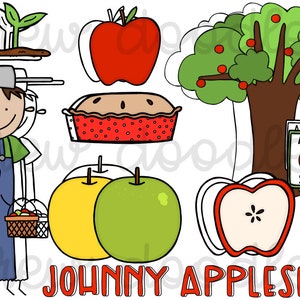 May include: A cartoon illustration of Johnny Appleseed, a man with a red apple in his hand, holding a basket of apples. There is a red apple pie, a green apple tree with red apples, and two green and yellow apples. The text "Johnny Appleseed" is written in red letters.