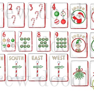 Puede incluir: Un juego de cartas con temática navideña con bordes rojos. Las cartas presentan bastones de caramelo, adornos y señales direccionales. Las cartas Joker representan a Papá Noel, un hombre de jengibre, un elfo y un cascanueces. También se muestran los números 1-9.