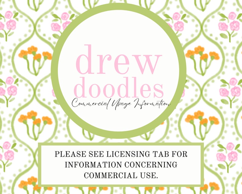 Pu&ograve; includere: Un cerchio verde con testo bianco che dice "drew doodles" e "Commercial Usage Information". Il cerchio &egrave; su uno sfondo bianco con un motivo floreale verde e bianco. Il testo sotto il cerchio dice "PLEASE SEE LICENSING TAB FOR INFORMATION CONCERNING COMMERCIAL USE."