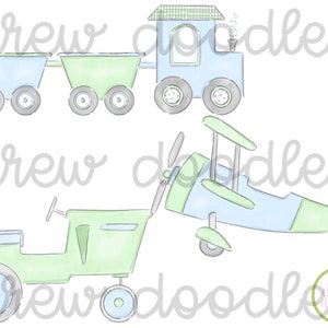 Watercolor Blue and Green Train, Plane, Tractor Instant Download image 1