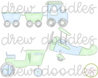 Watercolor Blue and Green Train, Plane, Tractor- Instant Download