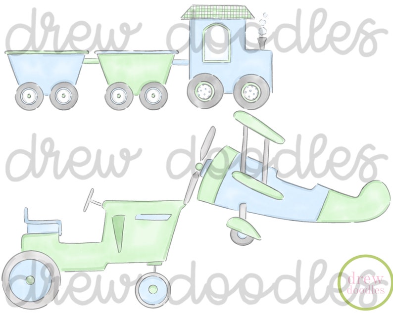 Watercolor Blue and Green Train, Plane, Tractor Instant Download image 1