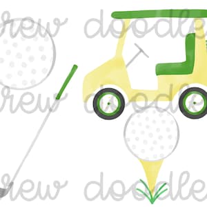 Akwarela Żółty i Zielony Golf, Golf Cart Cyfrowy Zestaw Clipartów- Natychmiastowe Pobranie