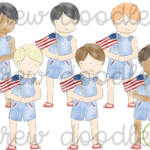 Set di clipart digitali per ragazzi USA, con acquerello patriottico, rosso, bianco e blu - Download immediato