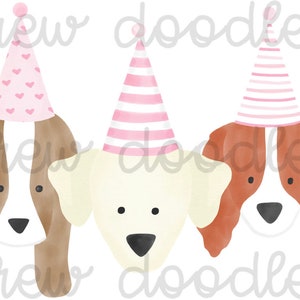 Watercolor Pink Party Dog Heads Digital Clip Art Set Instant Download image 2