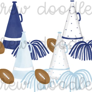 Watercolor Blue Cheerleading Pom Pom Megaphone Digital Clip Art Set- Instant Download