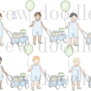 May include: Watercolor illustration of several children, each holding a green balloon and pulling a blue wagon filled with wrapped gifts. The children wear light blue outfits. The word "drew doodles" is in the background.