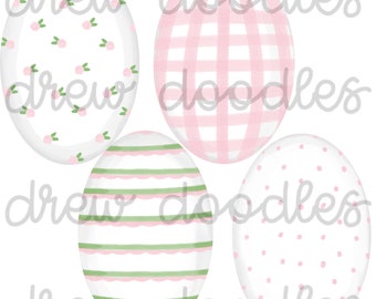 Watercolor Pink Gingham Easter Eggs Digital Clip Art Set- Instant Download