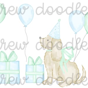 May include: Watercolor illustration of a tan dog wearing a party hat and bow, with blue and green balloons and presents. The image has the text "drew doodles" in a light gray script.