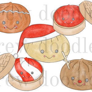Puede incluir: Una ilustración digital que muestra cinco lindas albóndigas antropomórficas con caras. Una lleva un gorro de Papá Noel rojo, otra tiene astas de reno y dos están colocadas en cestas de vapor de bambú con patrones festivos.