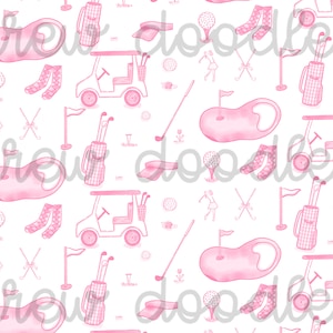 May include: A seamless pattern featuring pink watercolor illustrations of golf-themed items, including golf carts, golf clubs, golf balls, golf flags, and a golfer. The pattern is set against a white background.