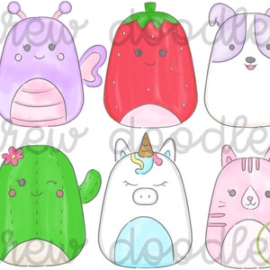 Op de afbeelding: Waterverfillustraties van zes schattige, afgeronde dieren- en plantenpersonages. De personages zijn onder meer een paarse vlinder, een rode aardbei, een hond, een groene cactus, een eenhoorn en een roze kat. De afbeelding heeft de tekst "drew doodles".