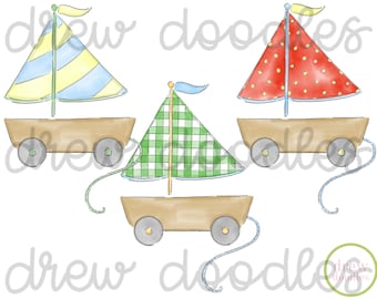 Watercolor Sailboat Pull Toy Digital Clip Art Set- Instant Download