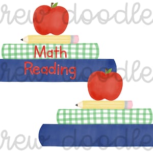 Watercolor Navy Gingham and Green Boys School Books Digital Clip Art Set- Instant Download