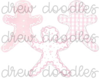 Watercolor Pink Bitty Dot Gingham Gingerbread Girls Digital Clip Art Set- Instant Download