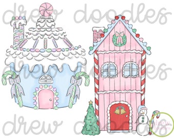 Watercolor Christmas Candy Gingerbread Houses Digital Clip Art Set- Instant Download