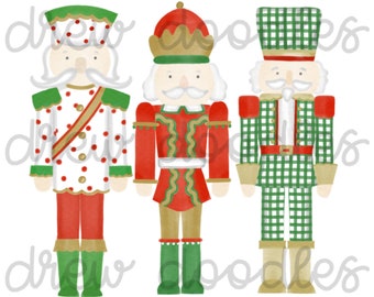 Watercolor Red and Green Gingham Bitty Dot Nutcrackers Digital Clip Art Set- Instant Download