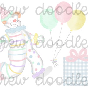 Conjunto de imágenes prediseñadas digitales de payaso de cumpleaños en acuarela pastel: descarga instantánea