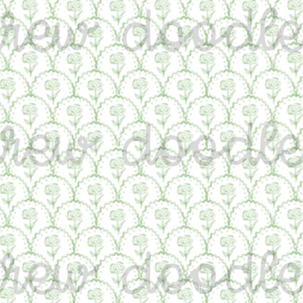 Watercolor Green Peony Scallop Print Pattern Digital Papers Backgrounds 4x6 and 5x7- Instant Download