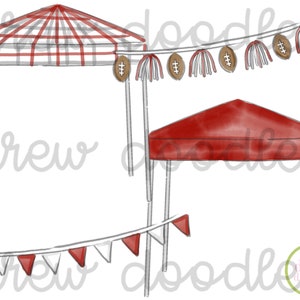 May include: Two red and white striped canopies with gray poles. The canopies are decorated with red and white pennant flags and a garland of white pom-poms and brown footballs.