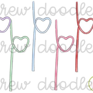 May include: Five colorful drinking straws bent into heart shapes. The straws are purple, green, light blue, pink, and red.
