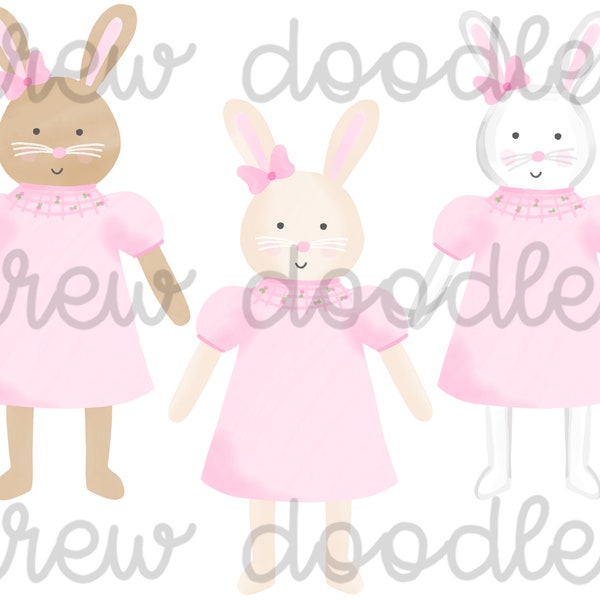 Watercolor Smocked Dress Easter Bunnies Rabbits Digital Clip Art Set- Instant Download