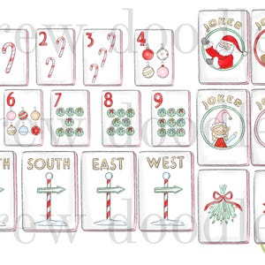 May include: Watercolor illustrations of Christmas-themed playing cards. The cards feature candy canes, ornaments, and directional signs. Joker cards depict Santa, a gingerbread man, an elf, and a nutcracker. The cards are numbered 1-9.