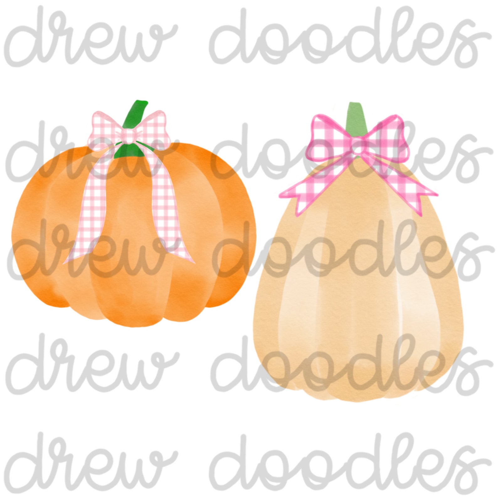 Watercolor Pink Gingham Bow Pumpkins Digital Clip Art Set- Instant ...