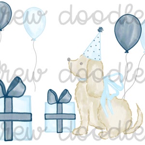Aquarelle bleu clair et bleu marine fête d'anniversaire chiots ensemble de clipart numérique - téléchargement immédiat