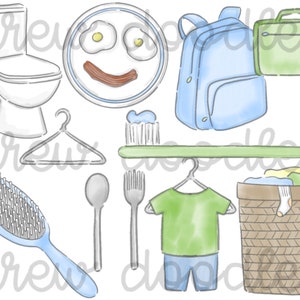 Watercolor Boys&#39; Getting Ready Chores Digital Clip Art Set- Instant Download