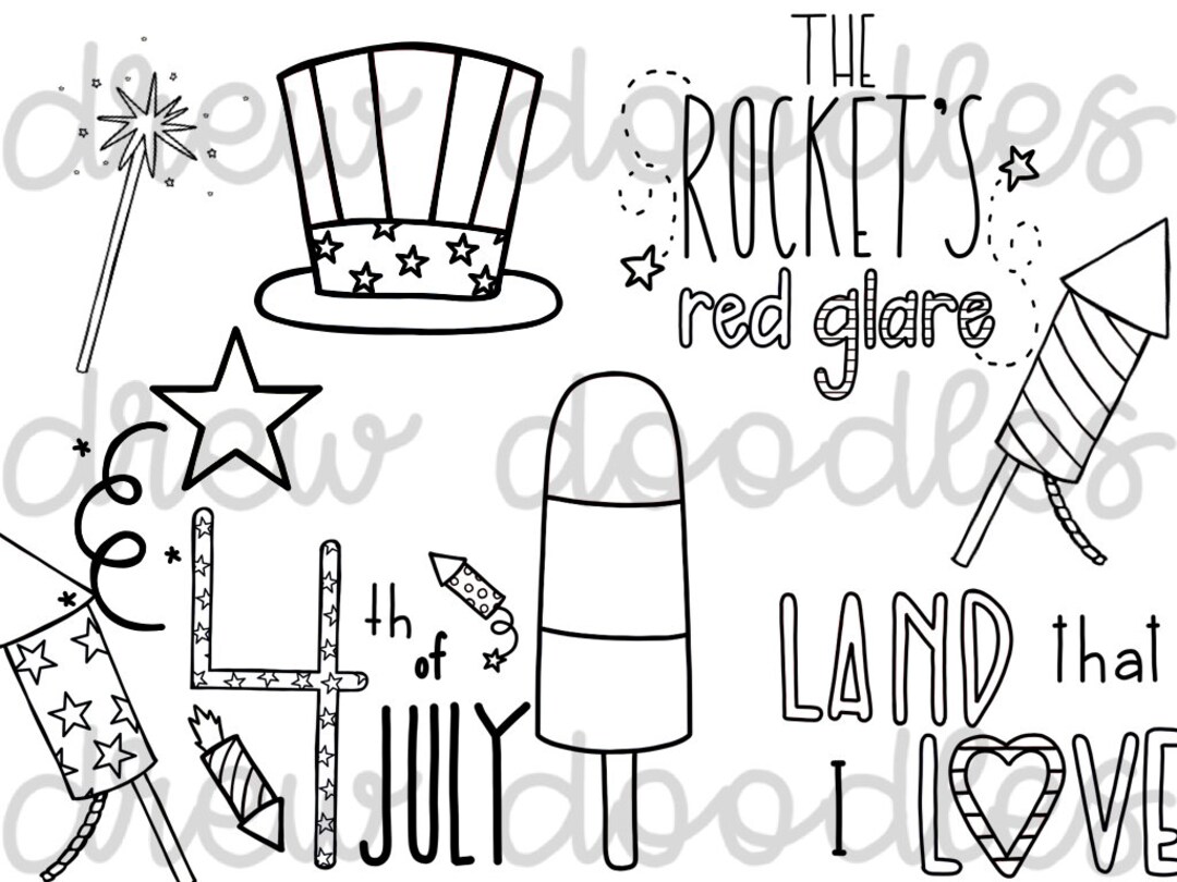 Patriotic Doodles Digital Clip Art Set Black Line Version Instant