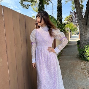 70s Juliet Sleeve Pastel Lavender & Daisy   Gown