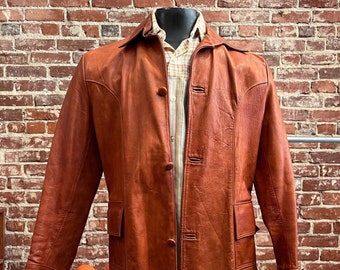 70s Vtg Brown Leather Zip up Collared Jacket Straight Cut Coat