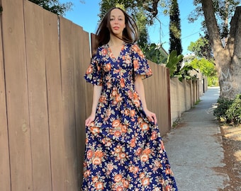 70s Floral Belled Sleeve Hippie Gown