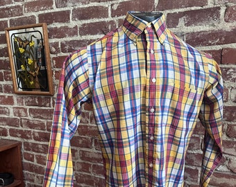 Mens 70s Plaid Oxford Button Down Shirt