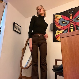 70s Wrangler Chocolate Brown Student Fit Dead Stock Jeans with a Subtle Flare