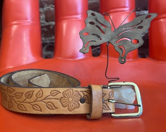 Vintage 70s Flower Power Belt Brass Buckle on Floral Painted  display picture 2