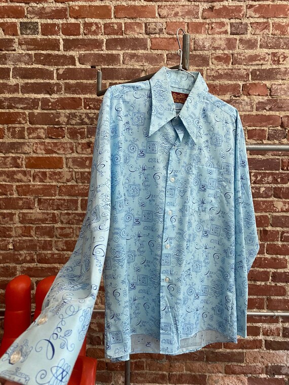 70s Men’s Baroque Aqua Dagger Collar Button Down S