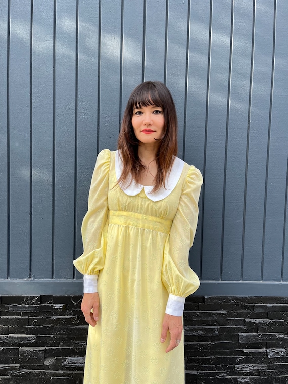 70s Flocked Yellow Peter Pan Collar Sheer Gown - image 2