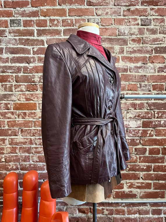 70s Oxblood Leather Belted Jacket with Removable … - image 2